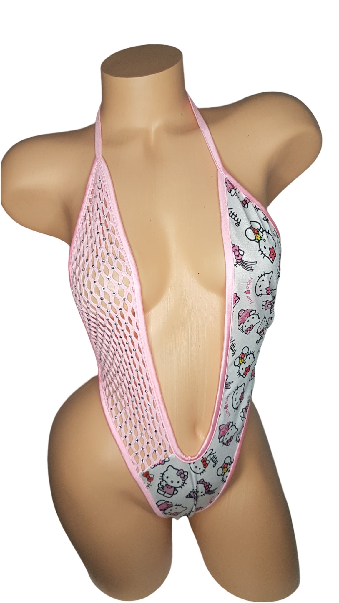 Blinged BabyPink Kitty Fishnet Deep V One Piece