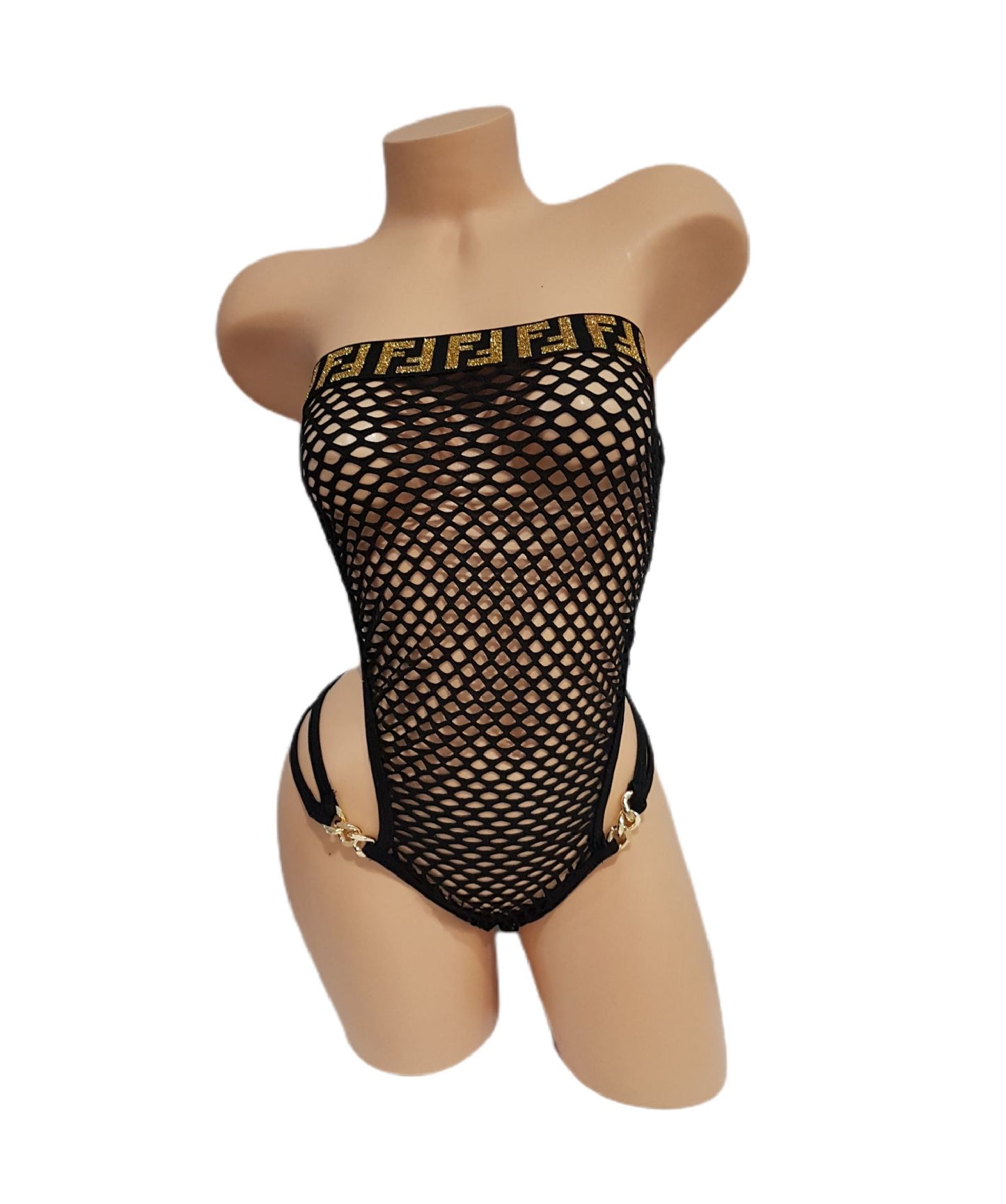 Strapless Black Gold Net Banded Bodysuit