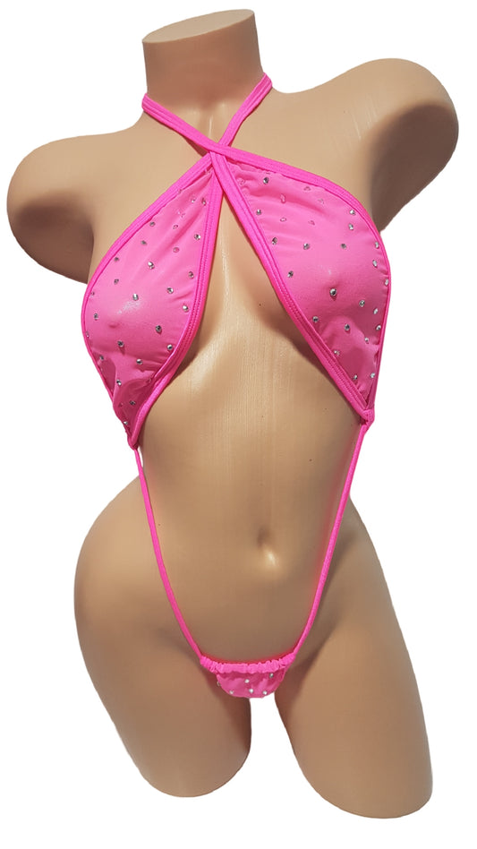 Hot Pink Mesh Criss Cross Rhinestone Sling