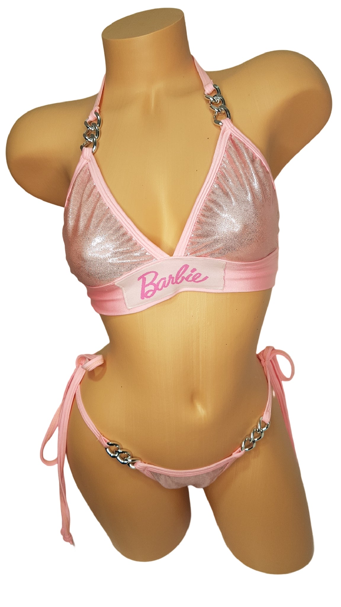 BabyPink Shimmer Top & Tie Side Gstring w/ Chain Connectors