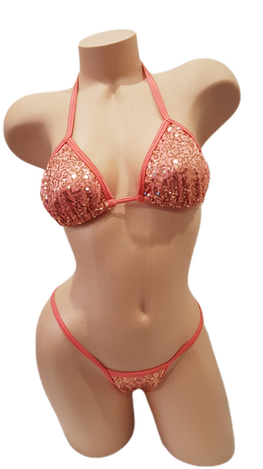 Sequin Tback Gstring Bikini - Coral Gold