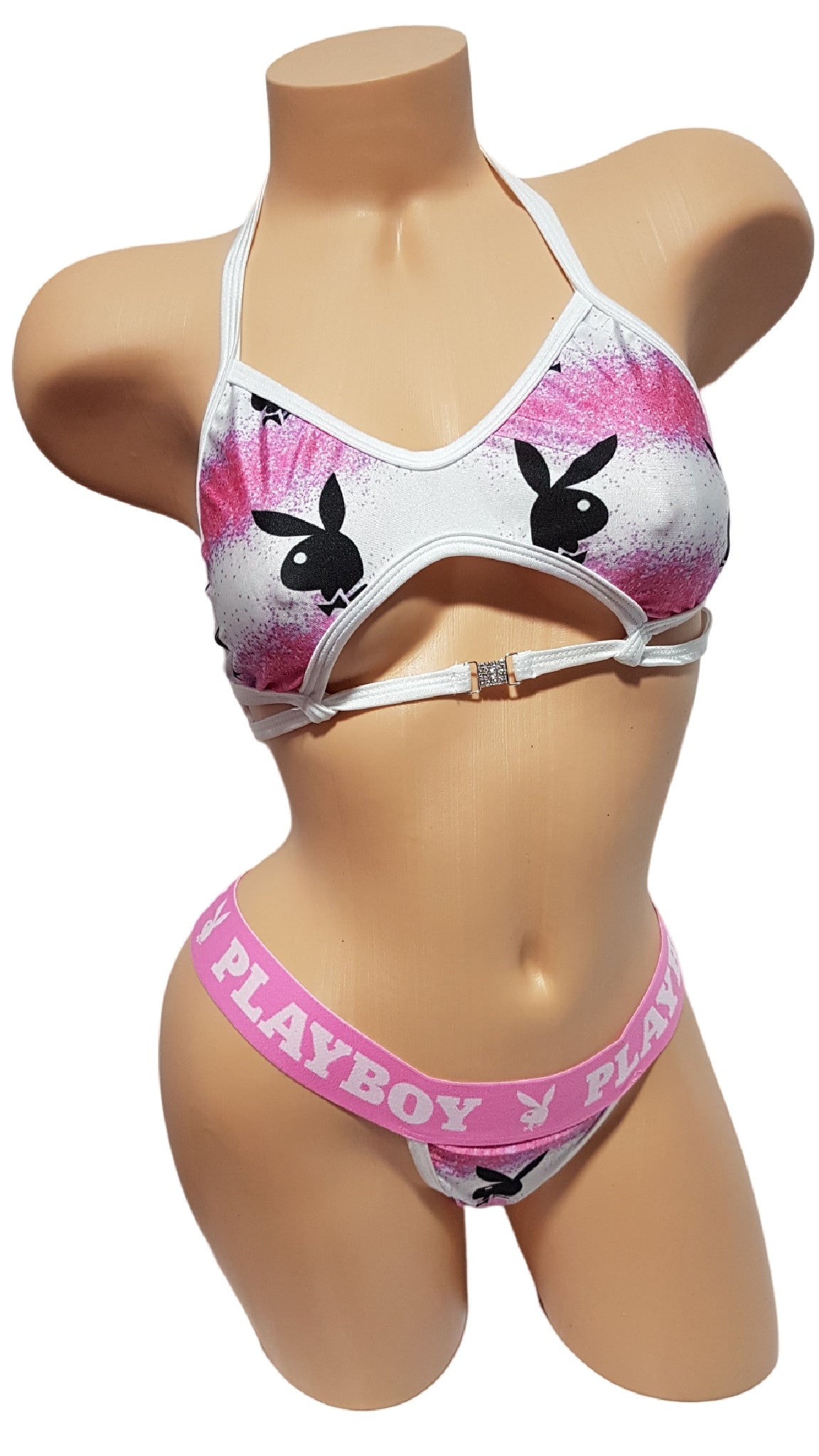 Pink White Print Peekaboo Top & Gstring Set